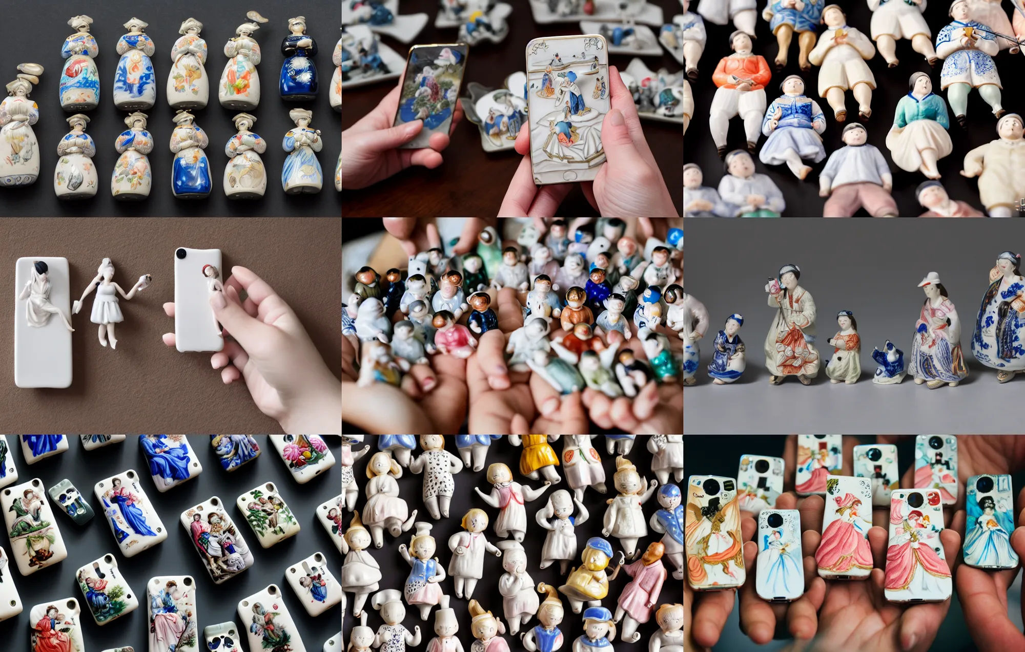 Prompt: A crowd of detailed, hand painted porcelain figurines holding iPhones in their hands, delicate, detailed, Canon TS-E 17mm f/4, pristine quality wallpaper