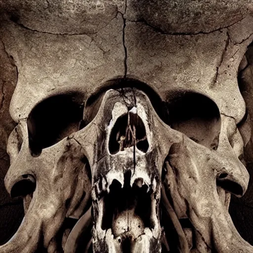 Prompt: “ high resolution photo of archeologists digging up the skull of a monster with horns and sharp teeth ”