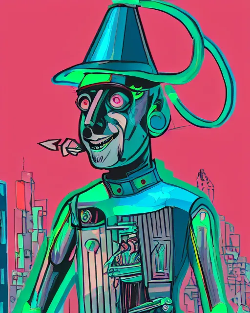 Prompt: mcyberpunk tinman, from the wizard of oz, teal and pink color scheme, hyper detailed danguiz, cyberpunk city street background