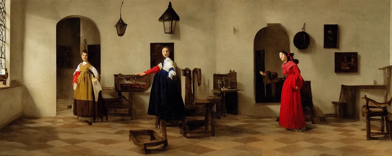 Prompt: photorealistic puerto rican fashion designer clothe in tetradic color scheme, pieter de hooch lighting