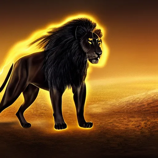 Image similar to portrait of a black lion with gold lightnings in the fur in the middle of the desert , concept art, huge scale, photorealistic, high details by Nick Nichols