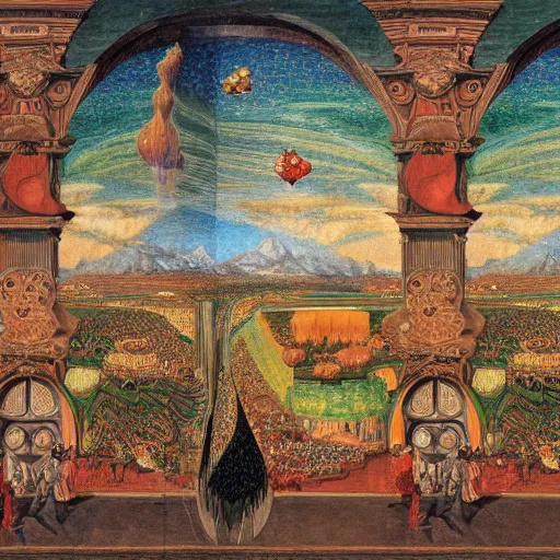 Image similar to deflective intricate cosmic city square trout grill chocolate neutron , by Richard Dadd and Benoit B. Mandelbrot and Filippino Lippi , child's drawing , speedpainting , An arcylic art