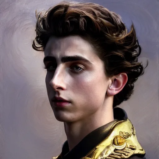 Image similar to detailed realistic cinematic wide shot of beautiful attractive muscular timothee chalamet with beard white hair gold chain wearing military general clothes slim face symettrical face clean skin black eyes black robe smooth, sharp focus, ultra realistic, spring light, painting by gaston bussiere, craig mullins, j. c. leyendecker