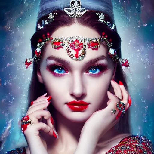 Image similar to wonderful princess with smooth fair skin, alluring eyes, red jewelry, breathtaking, elegant, intricate, hyper detailed, accent lighting, 4 k glamour photography, octane render