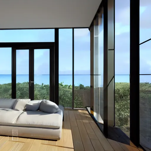 Prompt: a modern house with tall glass windows and a view of the sea, realistic photo, well detailed, trendy in artstation, 8k