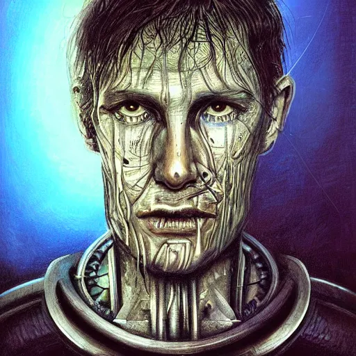 Image similar to surreal portrait of a man by Greg Rutkowski and H.R Giger, he is about 30 years old, messy long black hair, tired appearance, roman nose, peaceful but sad and resigned expression, martyred as a biomechanical transhuman cyborg god, eyes glow electric blue, cosmic void background, frightening, fascinating, highly detailed portrait, digital painting, book cover, artstation, concept art, smooth, sharp foccus ilustration, Artstation HQ.