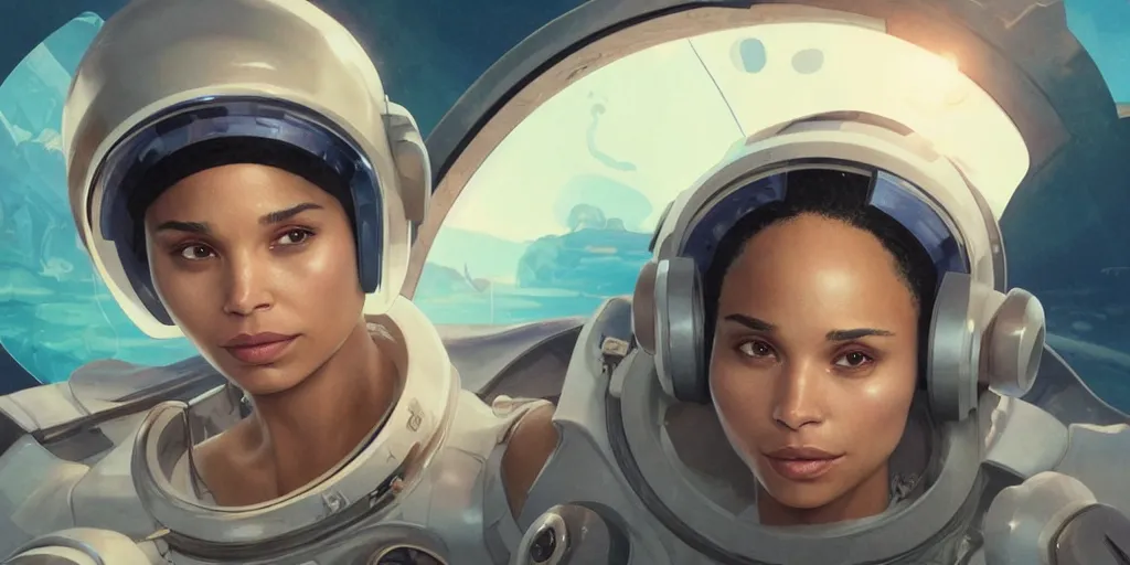 Image similar to Zoe Kravitz with short hair as a retrofuturistic astronaut, helmet with led lights, underwater in the ocean at night, clear water, volumetric lighting, glowing lights, 4k, octane, digital painting, artstation, concept art, cinematic film, sharp focus, illustration, art by artgerm and greg rutkowski and alphonse mucha , wide angle view,