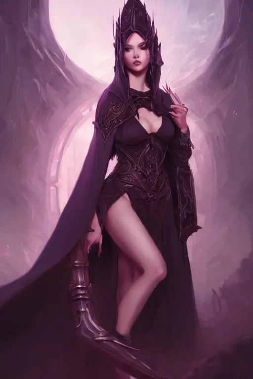 Prompt: Fantasy portrait, Necromancer, female, beautiful face, dark garments, dark pruple robes, midriff, Black cloak from neck to ankles, pin-up, matte painting, by WLOP, artstation