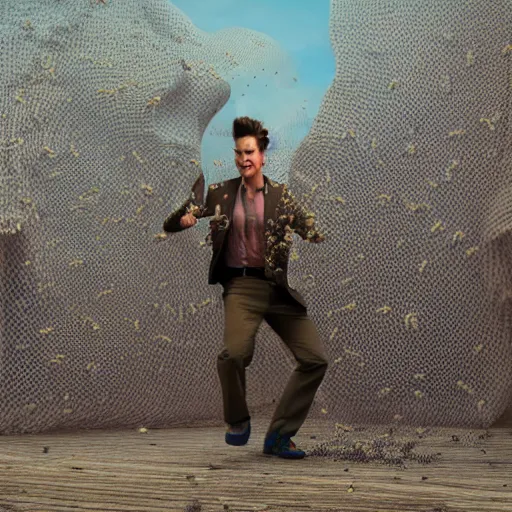 Image similar to hyperrealistic dslr film still of ace ventura pet detective stung by millions of bees, stunning 8 k octane comprehensive 3 d render, inspired by istvan sandorfi & greg rutkowski & unreal engine, perfect symmetry, dim volumetric cinematic lighting, extremely hyper - detailed, extremely lifelike attributes & lifelike texture, intricate, masterpiece, artstation, stunning