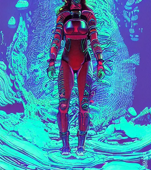 Image similar to a cyberpunk diver Polynesian woman swims through a dark bioluminescent alien coral reef, techwear, Industrial Scifi, detailed illustration, character portrait, by Martin Grip and Moebius