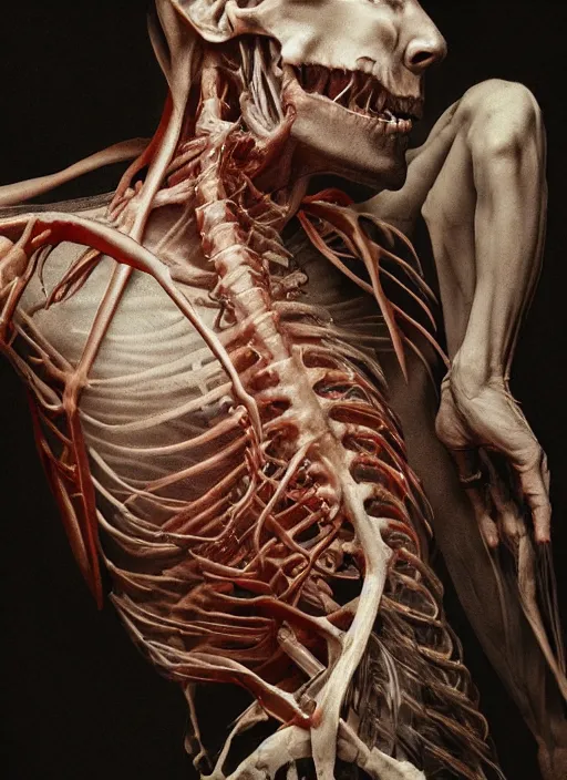 Image similar to Ghostemane with translucent skin, visible muscles and veins and arteries and bones and spines and nerves, beautiful detailed intricate insanely detailed octane render, 8k artistic photography, photorealistic, chiaroscuro, by David Cronenberg, Raphael, Caravaggio