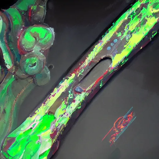 Image similar to Oil painting concept art of a magical acid sword glowing bright green, very intricate hilt, green color scheme, highly detailed concept art.