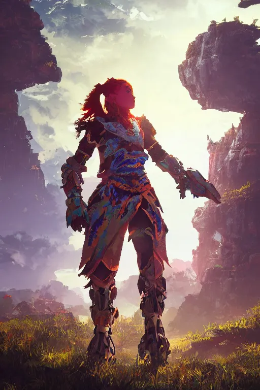 Image similar to combination suit armor aloy horizon forbidden west horizon zero dawn radiating a glowing aura global illumination ray tracing hdr fanart arstation by ian pesty and alena aenami artworks in 4 k tribal robot ninja mask helmet backpack