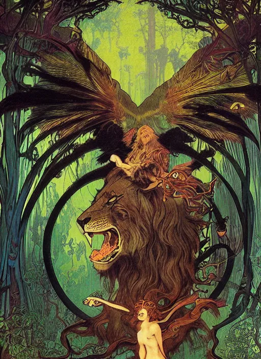 Prompt: a mythological beast with lion face and bird wings in the middle of a lush forest at night. diffuse neon light, dramatic landscape, fantasy illustration, matte painting by mucha