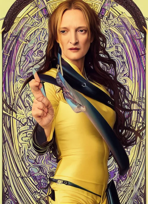 Image similar to uma thurman in kill bill, rococo and art nouveau fusion, iridescent diaphanous refractive and reflective katana, yelliw jumpsuit, highly detailed, deep focus, elegant, digital painting, smooth, sharp focus, illustration, ultra realistic, 8 k, art by artgerm and alphonse mucha