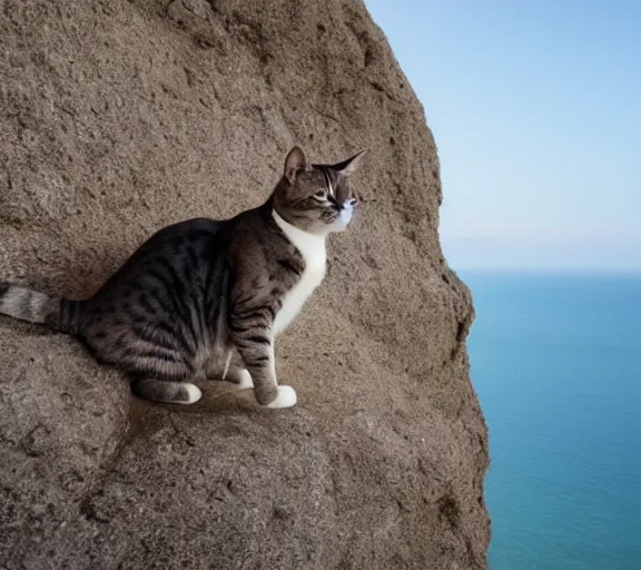 Image similar to a cat standing on a cliff overlooking a beach. hyper realistic and anamorphic 2 0 1 0 s movie still of giovanni falcone, by paolo sorrentino, leica sl 2 3 0 mm, beautiful color, high quality, high textured, lens flare, refined face and muzzle.