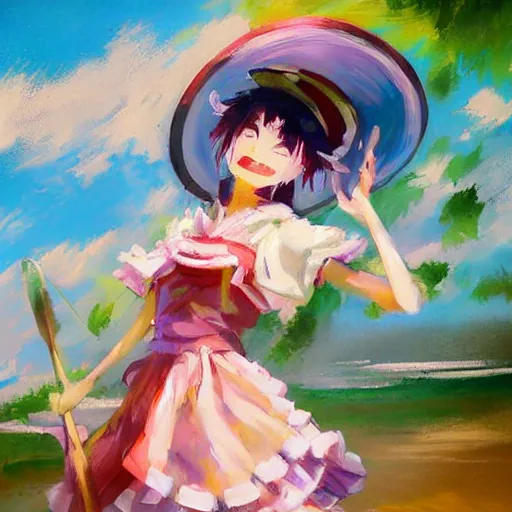 Image similar to Beautiful abstract impressionist painting of Kirisame Marisa from the Touhou project at the beach wearing a maid dress and a hat, touhou project official artwork, danbooru, oil painting by Antoine Blanchard, wide strokes, pastel colors, soft lighting sold at an auction