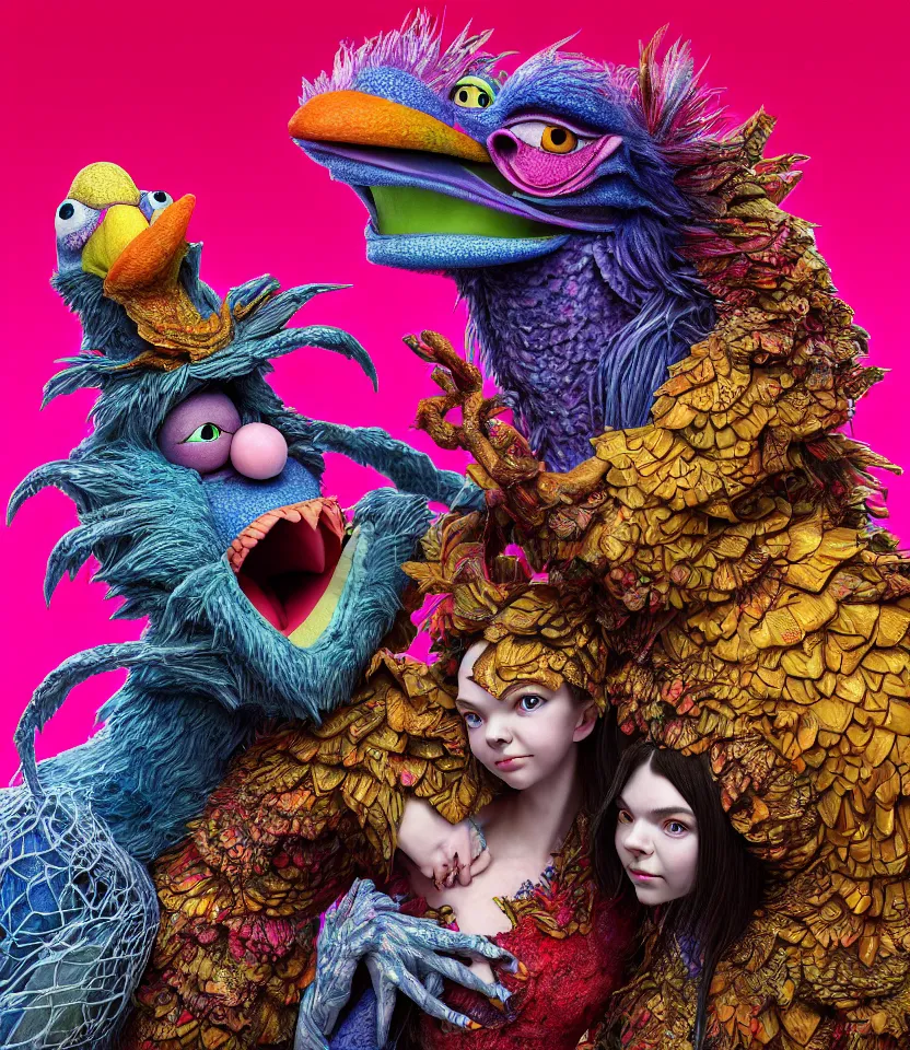 Image similar to hyper detailed 3d render like a Oil painting - kawaii portrait of lovers hugging or kissing pecking adorably Aurora (a beautiful girl skeksis muppet fae princess protective playful expressive acrobatic from dark crystal that looks like Anya Taylor-Joy) seen red carpet photoshoot in UVIVF posing in scaly dress to Eat of the Strangling network of yellowcake aerochrome and milky Fruit and His delicate Hands hold of gossamer polyp blossoms bring iridescent fungal flowers whose spores black the foolish stars by Jacek Yerka, Ilya Kuvshinov, Mariusz Lewandowski, Houdini algorithmic generative render, golen ratio, Abstract brush strokes, Masterpiece, Edward Hopper and James Gilleard, Zdzislaw Beksinski, Mark Ryden, Wolfgang Lettl, hints of Yayoi Kasuma and Dr. Seuss, Grant Wood, octane render, 8k
