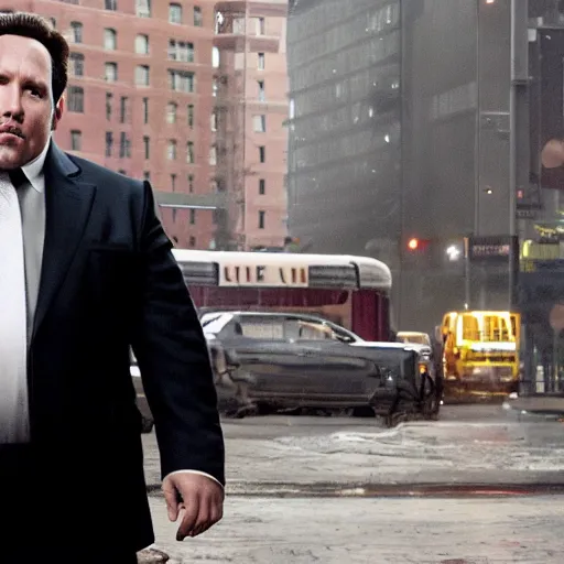 Prompt: clean-shaven Jon Favreau as Happy Hogan wearing a black suit and black necktie falling down into a city with a frightened expression on his face