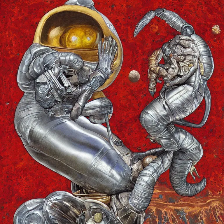 Image similar to painting by wayne barlow and carlo crivelli, a woman in a skintight silver shining spacesuit riding on the back of a giant alien crab on a dramatic red rocky planet