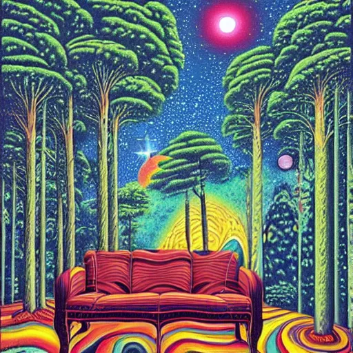 Image similar to psychedelic trippy river pine forest, planets, milky way, sofa, cartoon by rob gonsalves