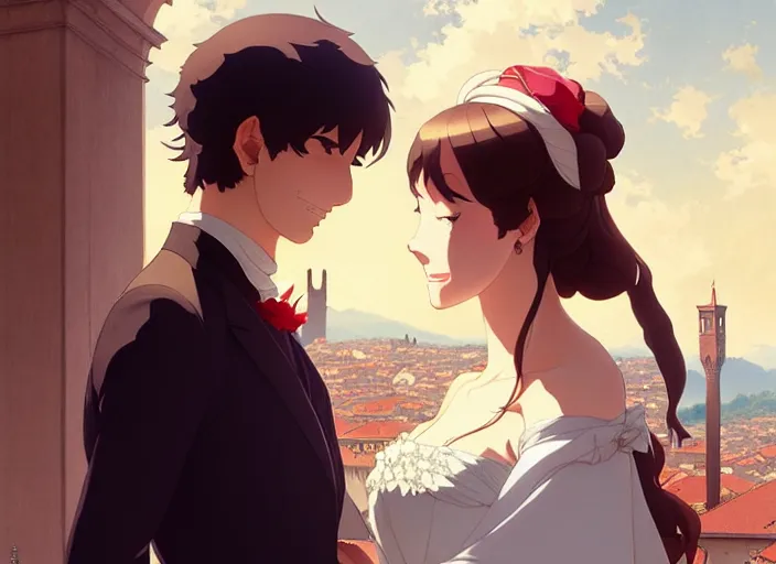 Image similar to wealthy couple william and fanny nightingale, honeymoon in florence italy 1 2 may 1 8 2 0, delicate features finely detailed perfect art, gapmoe yandere grimdark, trending on pixiv fanbox, painted by greg rutkowski makoto shinkai takashi takeuchi studio ghibli