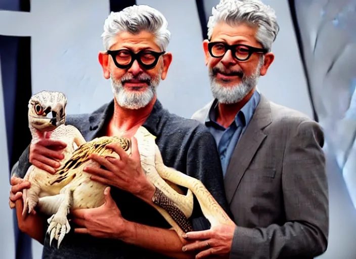 Prompt: jeff golblum holding a baby velociraptor in his arms, ultra realistic, cinematic