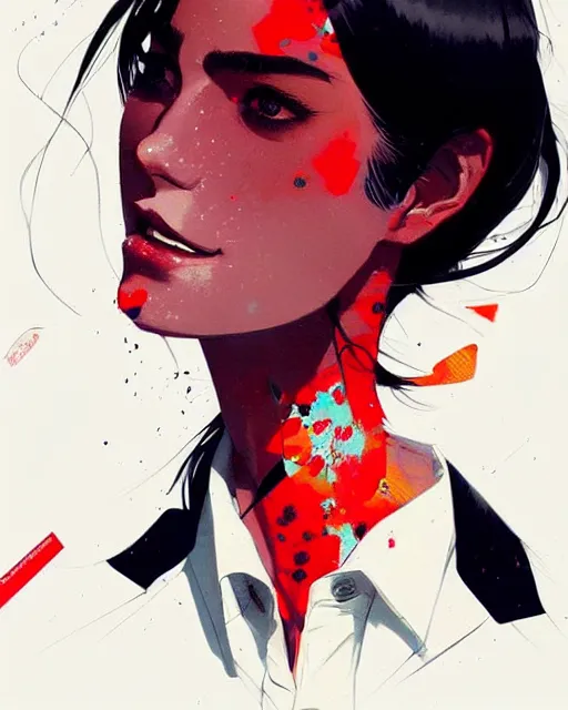 Image similar to a ultradetailed beautiful panting of a stylish woman wearing a shirt with a tie, she has black hair, by conrad roset, greg rutkowski and makoto shinkai, trending on artstation