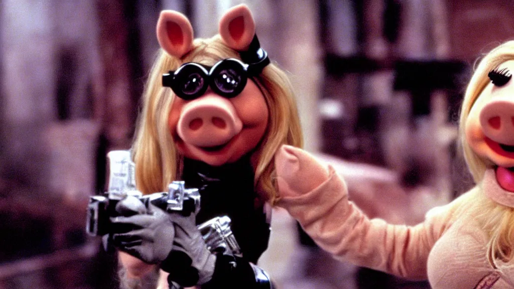 Image similar to movie still of miss piggy starring as trinity in the matrix 1 9 9 9 movie fighting agent smith