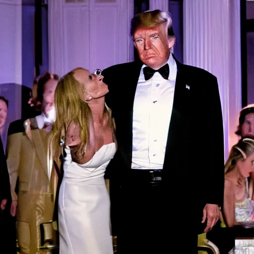 Image similar to donald trump in black tuxedo kissing ann coulter in a nightclub.