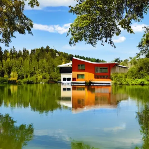 Image similar to a modern house in a national park, there is a lake next to it, landscape