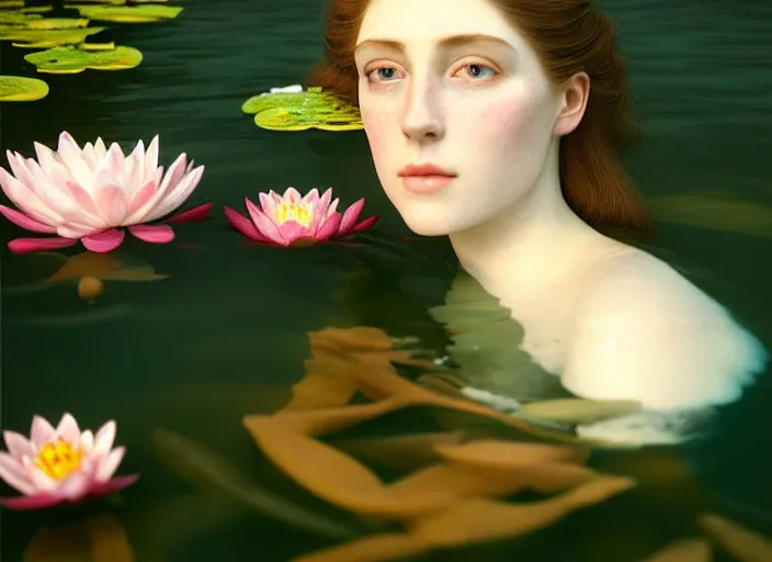 Image similar to Kodak Portra 400, 8K, soft light, volumetric lighting, highly detailed, britt marling style 3/4 ,portrait photo of a beautiful woman how pre-Raphaelites painter, part of the face is underwater of a pond with water lilies, , she has a beautiful lace dress and hair are intricate with highly detailed realistic beautiful flowers , Realistic, Refined, Highly Detailed, natural outdoor soft pastel lighting colors scheme, outdoor fine art photography, Hyper realistic, photo realistic,warm lighting,