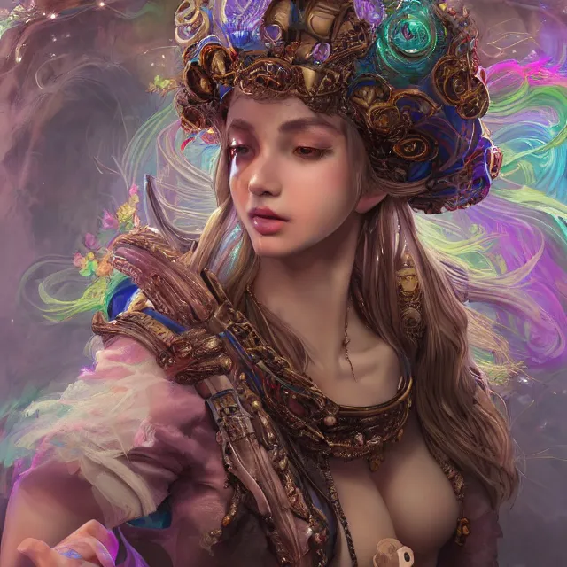 Prompt: studio portrait of neutral good rainbow colorful female cleric bard healer as absurdly beautiful, elegant, superrealistic gravure idol looking up, an ultrafine hyperdetailed illustration by kim jung gi, irakli nadar, intricate linework, detailed symmetrical faces, super sharp focus, bright colors, octopath traveler, unreal engine 5 highly rendered, global illumination, radiant light