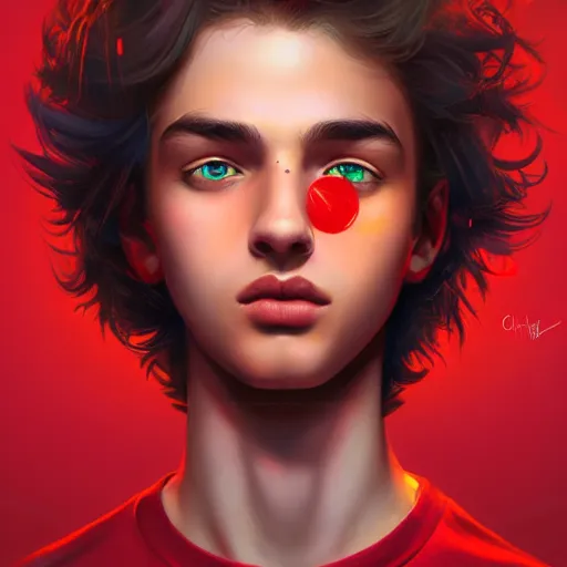 Image similar to colorful and festive captivating teenager with straight brown hair covering his eye, dark skin, big lips, big eyes, wearing a red t - shirt. rich vivid colors, ambient lighting, dynamic lighting, 4 k, atmospheric lighting, painted, intricate, highly detailed by charlie bowater