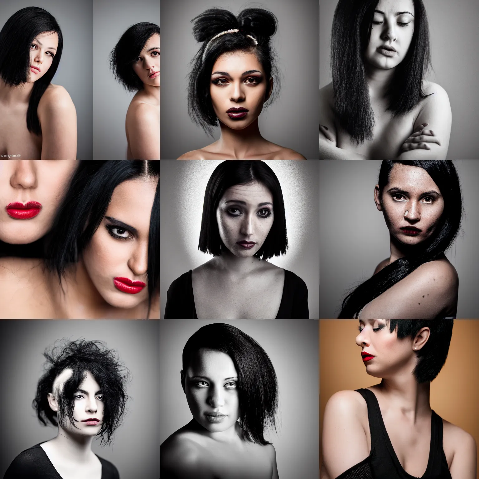Prompt: portrait photography of a woman with black hair, no eyebrow, head and shoulders portrait, dramatic lighting, Sigma 85mm f_1.4, 8k, award winning photography