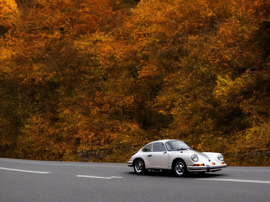 Image similar to a porsche singer with lights on a mountain road, autumn leaves, motion blur, 3 5 mm photography, car photography, clean lines, realistic