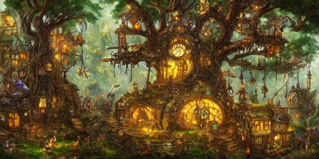 Prompt: a steampunk fairy village in a tree, highly detailed oil painting, epic fantasy art, abstraction, masterpeice, 8k