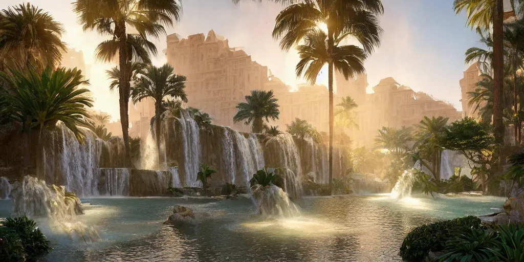 Image similar to beautiful oasis waterfalls surrounded by palm trees, moroccan tile archways, date trees, ivory towers, sun setting, ross tran, nephilim, pyroclastic flow, ethereal, fantasy, james jean, oozium, peter morbacher angelarium alchemy luxury heavenly light soft illumination, trending on artstation, cinematic lighting, digital painting, octane render, artgerm