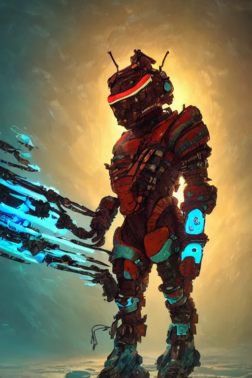 Prompt: strange creature in dead space space suit radiating a glowing aura horizon forbidden west horizon zero dawn global illumination ray tracing hdr fanart arstation by ian pesty and alena aenami artworks in 4 k tribal robot ninja mask helmet backpack
