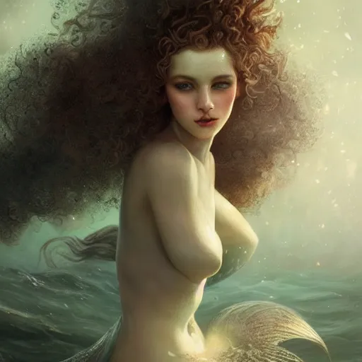 Image similar to beautiful mermaid with curly hair, magical details, magical atmosphere, cinematic lighting, hyper - detailed, cgsociety, 3 - d 8 k, high resolution, in the style of charlie bowater, tom bagshaw, alexis franklin, elena masci, pawel rebisz