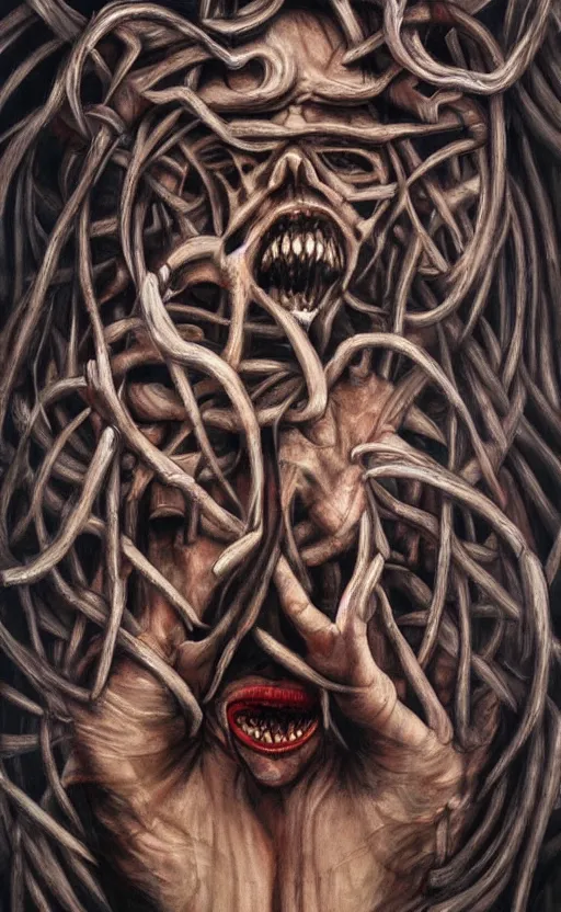 Image similar to amazing detailed painting. disturbing, twisted, dark, evil