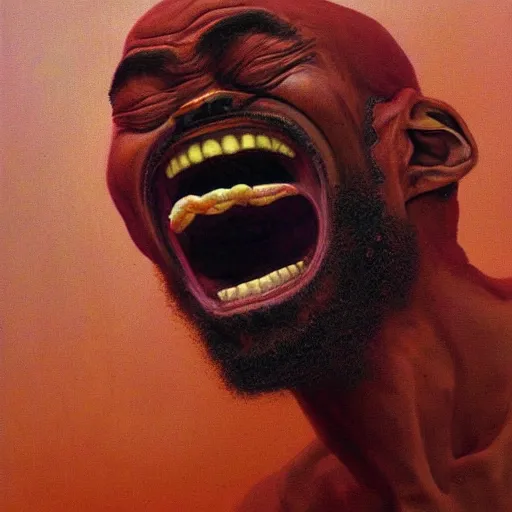 Image similar to a beautiful professional portrait of mc ride screaming in anger, painted by zdzislaw beksinski