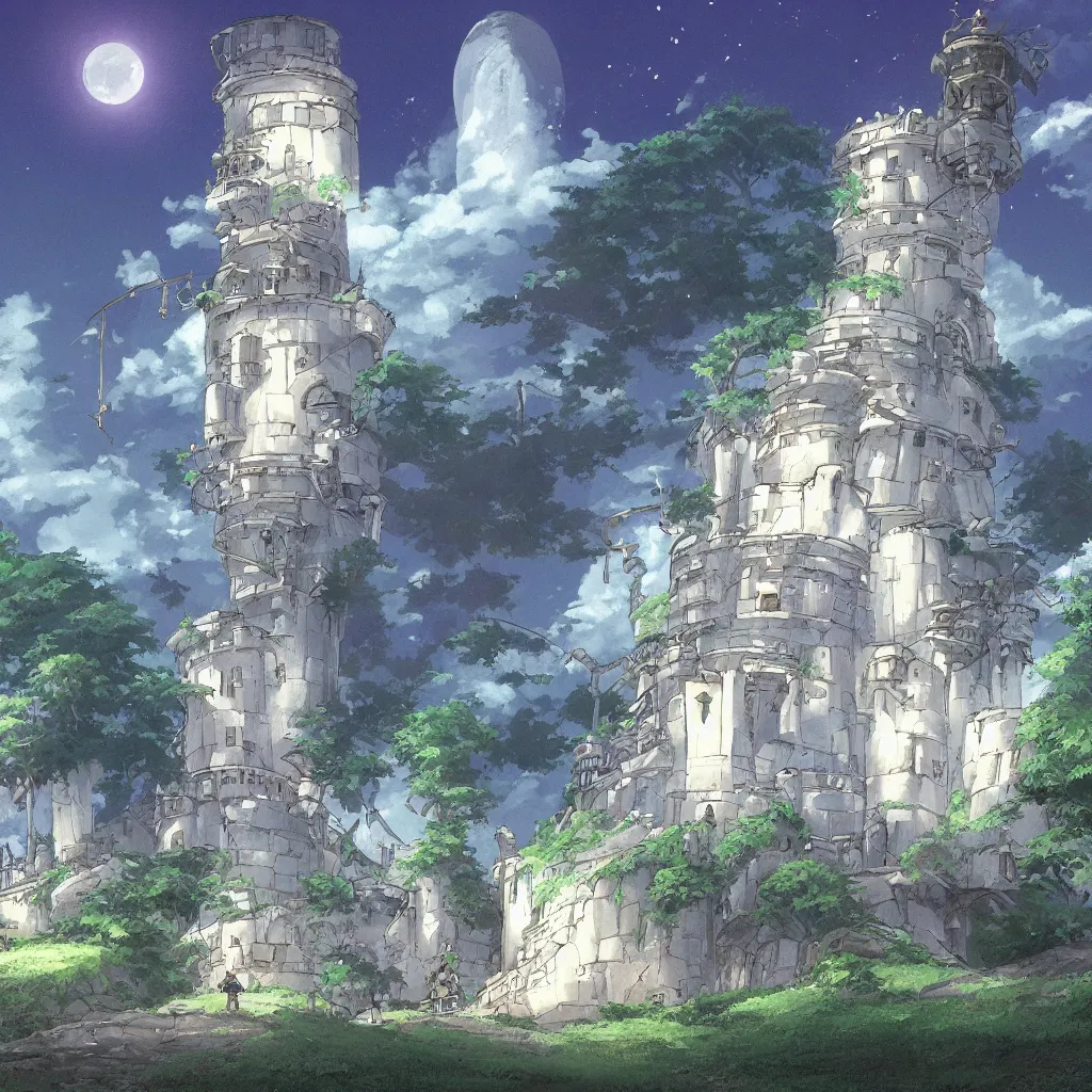 Prompt: a glowing white tower, fantasy art, 2 d game art, by studio ghibli
