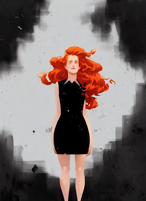 Image similar to highly detailed closeup portrait of beautiful grace gummer as dom dipierro, wavy ginger hair, black dress, by atey ghailan, by greg rutkowski, by greg tocchini, by james gilleard, by joe fenton, by kaethe butcher, gradient orange, black and white color scheme, grunge aesthetic!!! ( ( graffiti tag wall background ) )