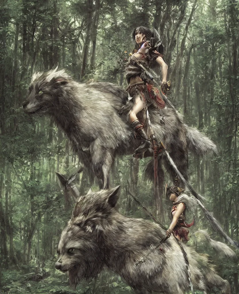 Image similar to portrait of fierce Princess Mononoke, fully clothed in armor, lush forest landscape, painted by james gurney, denoised, sharp, architectural