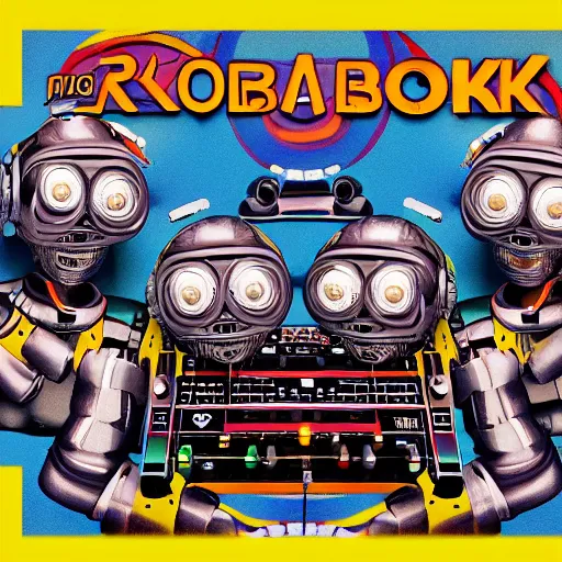 Image similar to album art, the band is called roborock, 3 dieselpunk robot heads with robot arms on a dj desk with a cd mixer, 8 k, fluorescent colors, halluzinogenic, multicolored, exaggerated detailed, front shot, 3 d render, octane