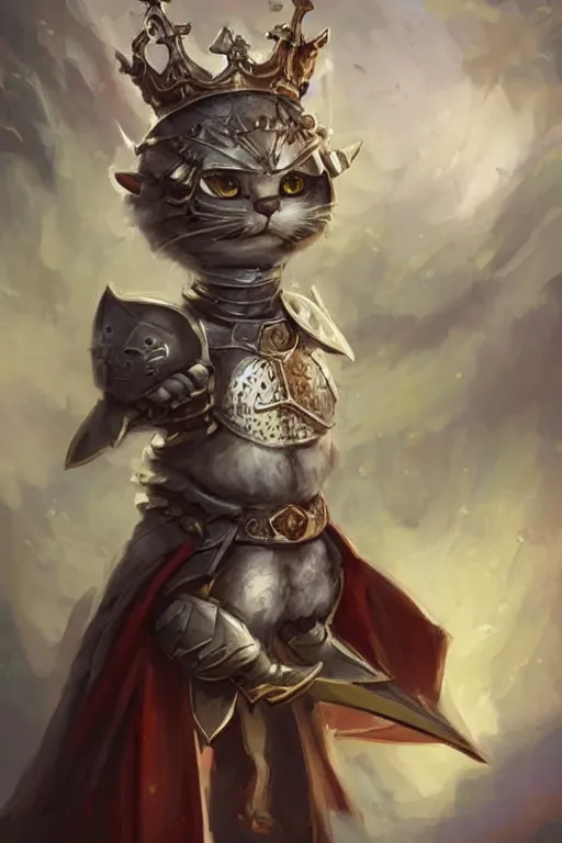 Image similar to cute little anthropomorphic cat knight wearing a cape and a crown, tiny, small, miniature cat , baby animal, short, pale blue armor, cute and adorable, pretty, beautiful, DnD character art portrait, matte fantasy painting, DeviantArt Artstation, by Jason Felix by Steve Argyle by Tyler Jacobson by Peter Mohrbacher, cinematic lighting