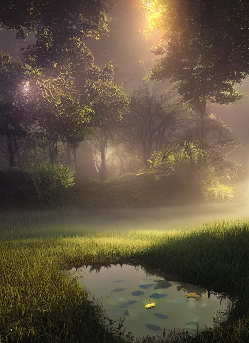 Image similar to photography at night of an ethereal pond, a central sunlight glare, mystical lights, cyber futuristic lights, masterpiece, epic, cinematic, hyperealistic, high detailed, corona render, hdr, ray tracing