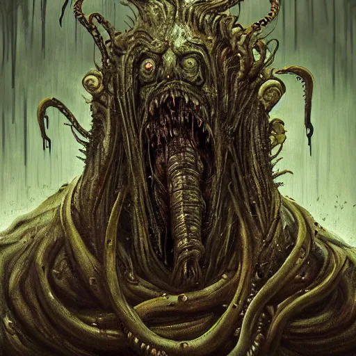 Image similar to Dark fantasy Painting of a hulking muscular demonic flesh creature covered in boils with drool dripping from its mouth, hr giger muscles, tentacles growing from its face, rising out of the depths of the foggy water, full body, disgusting, creepy, unsettling, horror, intricate, wild, highly detailed, digital painting, artstation, concept art, smooth, sharp focus, illustration, art by artgerm and greg rutkowski and alphonse mucha