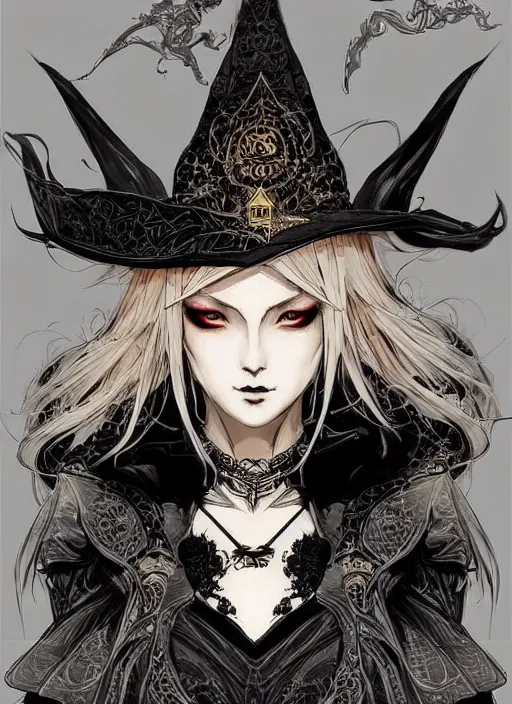 Image similar to beautiful human witch with blonde short curtly hair in intricate ornate witch robe, haughty evil look, witch hat. in style of yoji shinkawa and hyung - tae kim, trending on artstation, dark fantasy, great composition, concept art, highly detailed, dynamic pose.